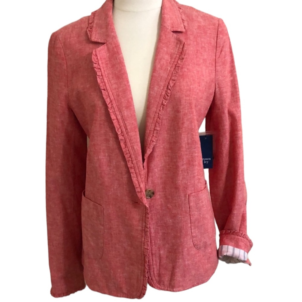 New CROWN IVY Red Linen Cotton Summer Blazer Contrast Stripe Lining Size 4